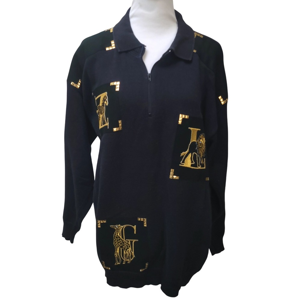 Rouffles by Sheila Vintage 1/4 Zip Sweater Animal Print Gold Studs Made USA‎ XL